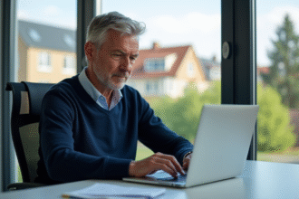 Homme d'âge moyen au bureau à Bonneuil utilisant son ordinateur