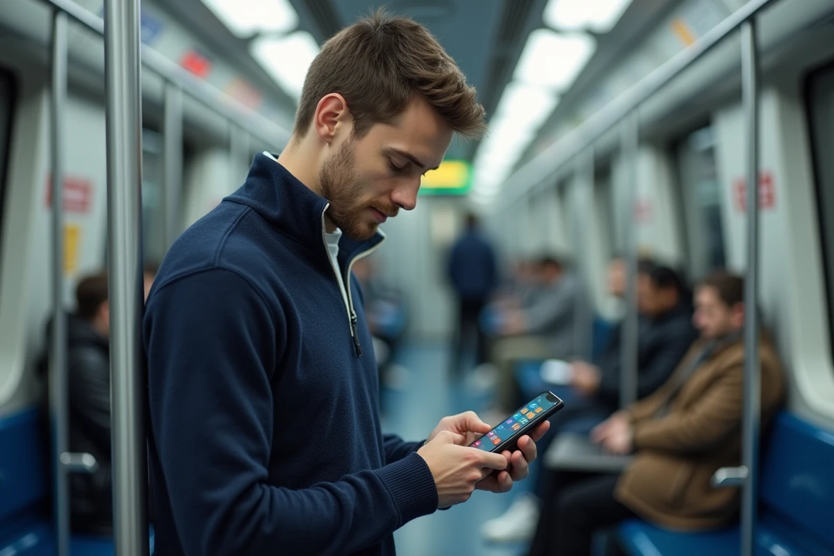 Jeune homme consultant Cemantix sur mobile dans les transports en commun