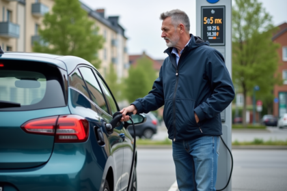 Homme d'âge moyen chargeant une voiture électrique dans une ville