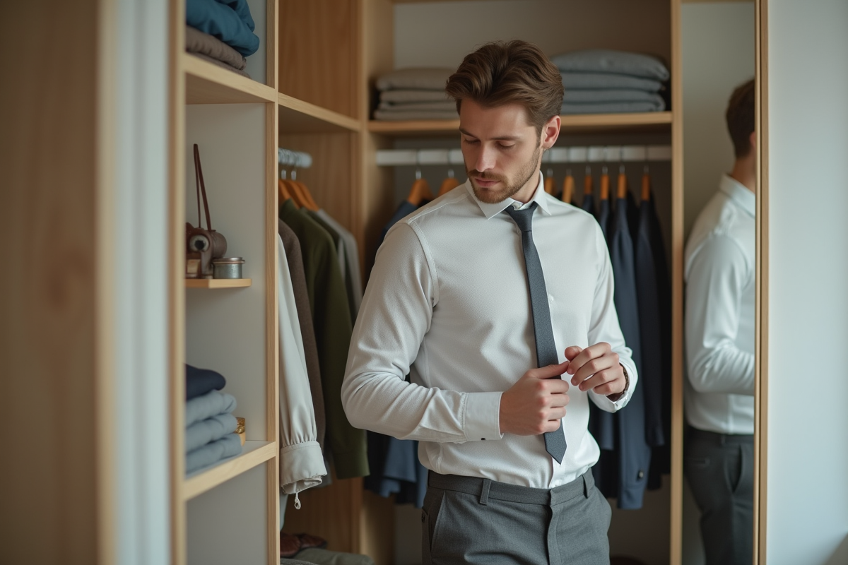 Jeune homme professionnel choisissant une cravate dans un intérieur