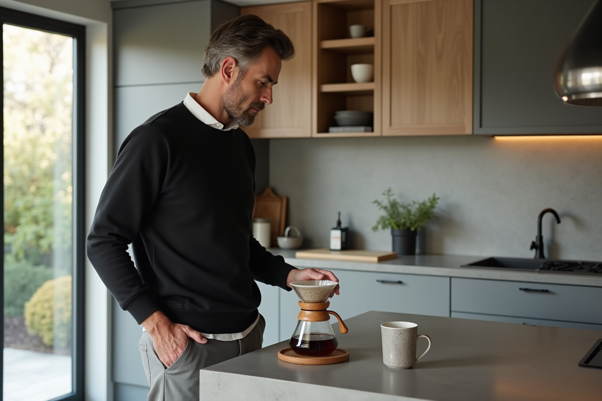 Homme préparant un café pourover dans une cuisine moderne