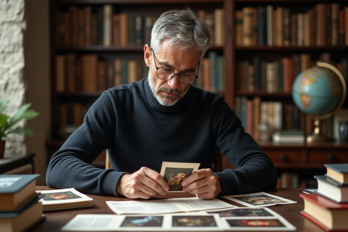 Homme passionné d'art examinant des reproductions de tableaux célèbres posées sur un bureau couvert de livres d'histoire de l'art