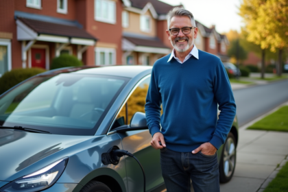 Homme d'âge moyen avec voiture électrique dans la rue