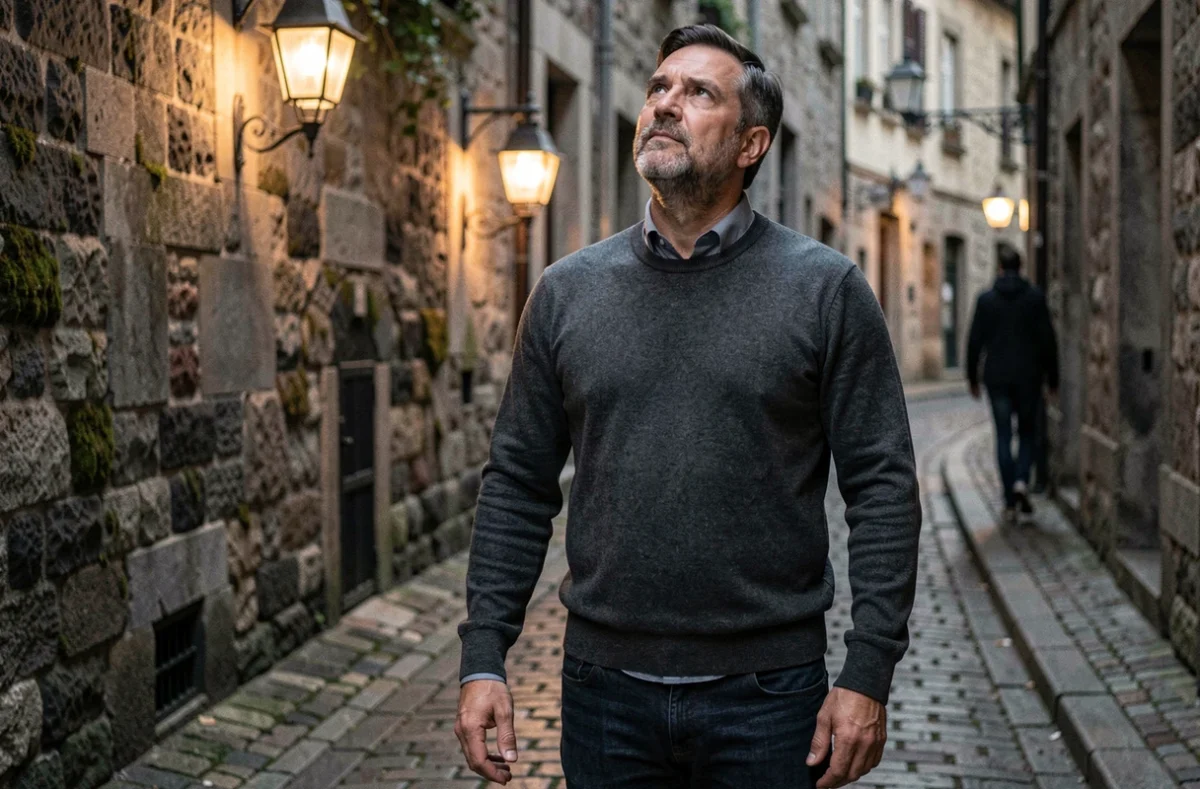 Homme levant les yeux dans une ruelle pavée, symbolisant la prise de conscience spirituelle liée au nombre 1101
