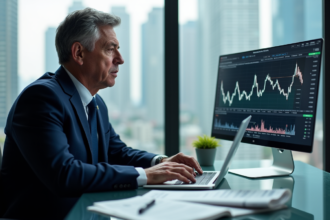 Homme d'affaires en costume bleu analysant des graphiques financiers