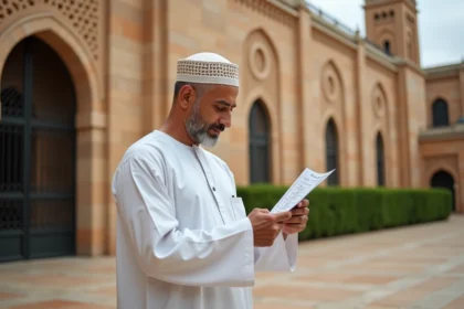 Homme consultant les horaires de prière du vendredi jumua devant une mosquée à Toulouse