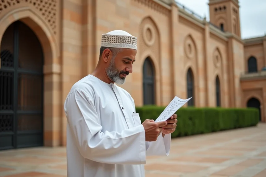 Homme consultant les horaires de prière du vendredi jumua devant une mosquée à Toulouse