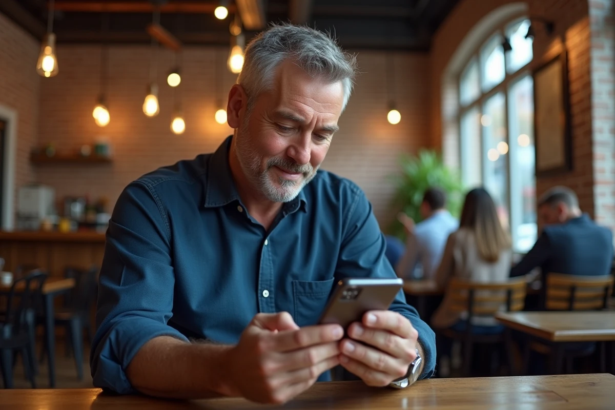 Homme résolvant un jeu de mots sur smartphone dans un café urbain pour enrichir son vocabulaire