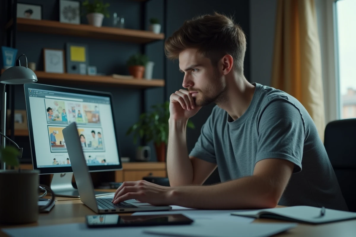 Jeune homme lisant des scans de webtoon sur ordinateur portable dans un bureau à domicile