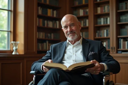 Homme d'âge moyen en fauteuil lisant une bande dessinée dans une bibliothèque