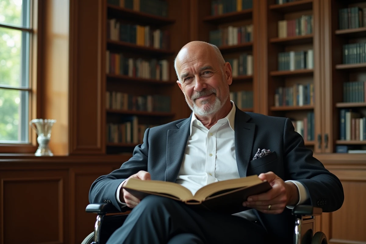 Homme d'âge moyen en fauteuil lisant une bande dessinée dans une bibliothèque