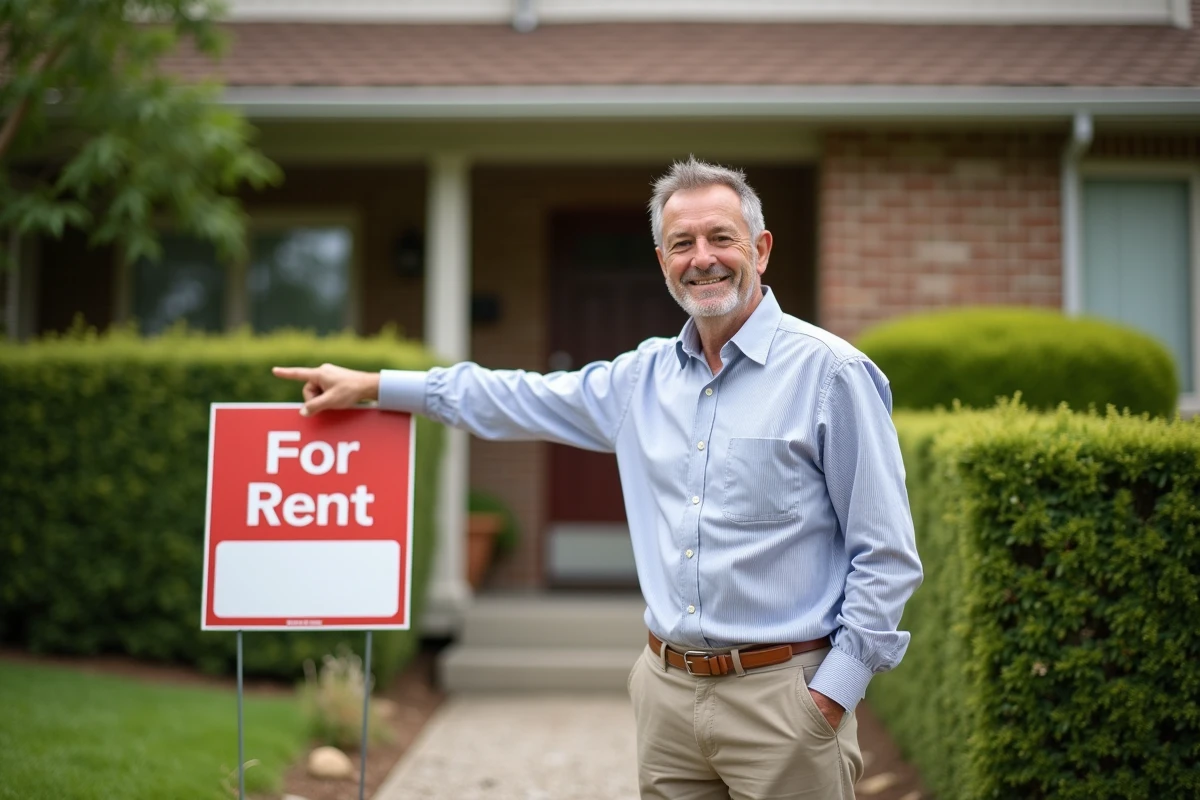 Homme pointant une affiche de location devant sa maison