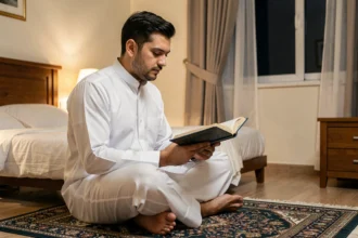 Homme musulman lisant la sourate Al Mulk avant de dormir sur un tapis de prière dans sa chambre