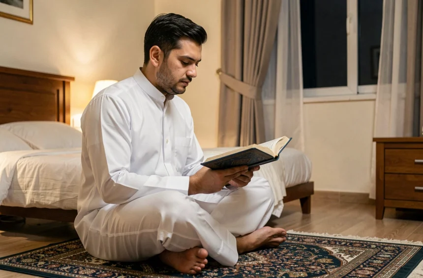 Homme musulman lisant la sourate Al Mulk avant de dormir sur un tapis de prière dans sa chambre