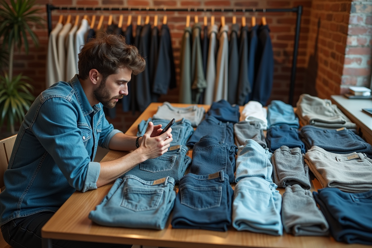 Homme prenant en photo des vetements vintage dans un loft urbain