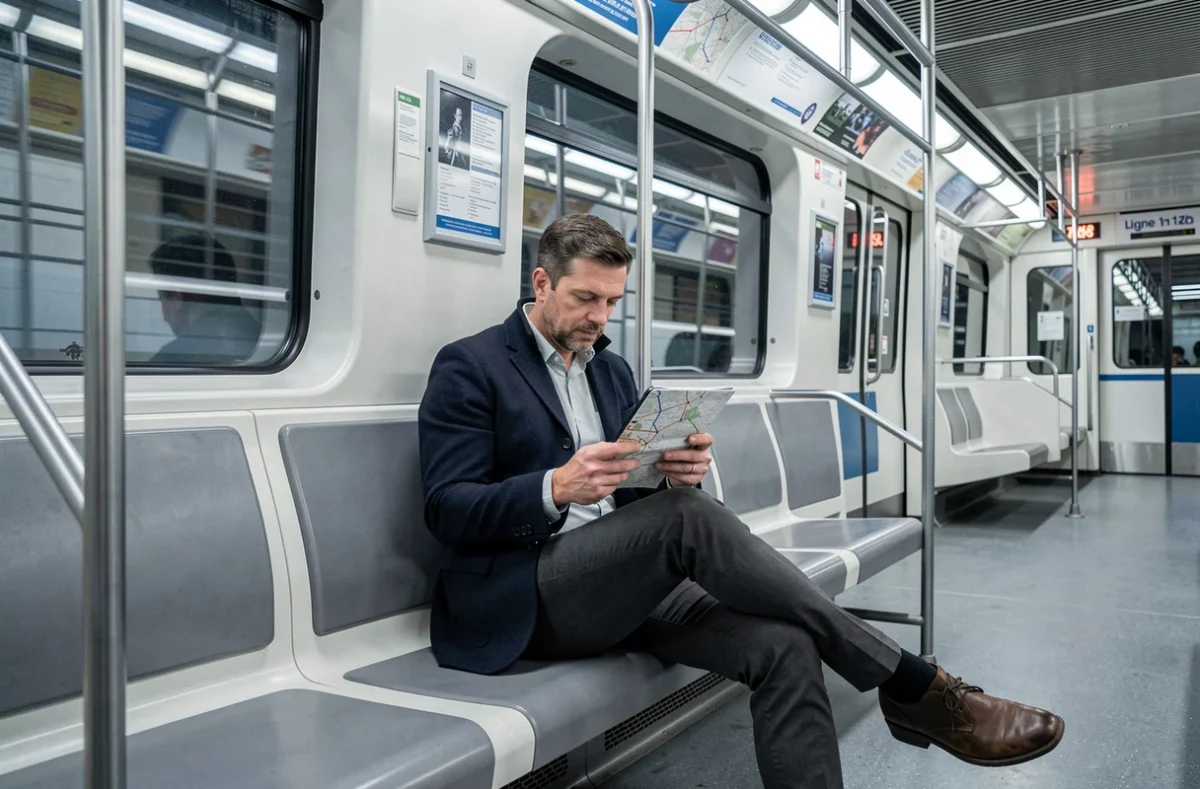 Homme consultant le plan de la ligne 14 sur smartphone dans une rame de métro parisienne