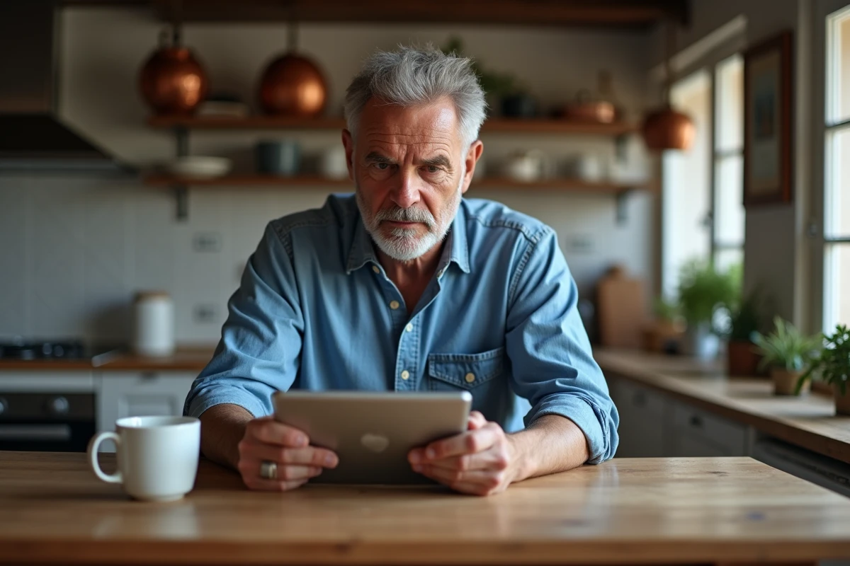 Homme consultant le programme télévision sur une tablette numérique dans sa cuisine
