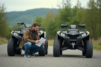 Homme examinant deux quads en extérieur dans la campagne