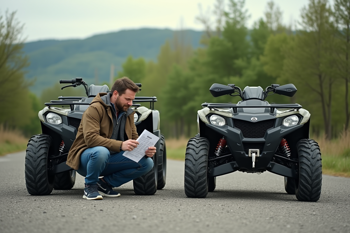 Homme examinant deux quads en extérieur dans la campagne
