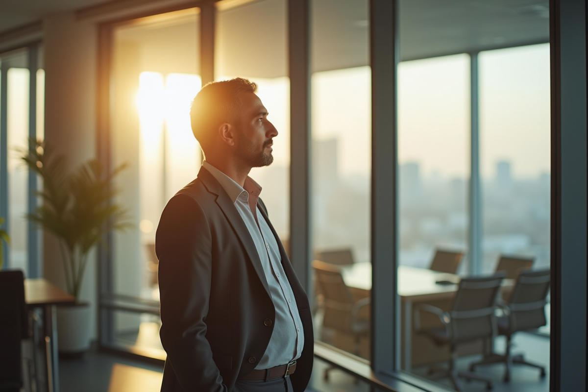 Homme pensif dans un bureau lumineux regardant par la fenetre