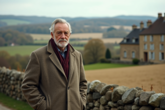 Homme français mature en tweed devant une propriété rurale