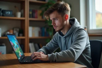 Jeune homme sceptique devant un écran affichant une interface de jeu de cartes Pokémon avec des alertes de sécurité en 2026