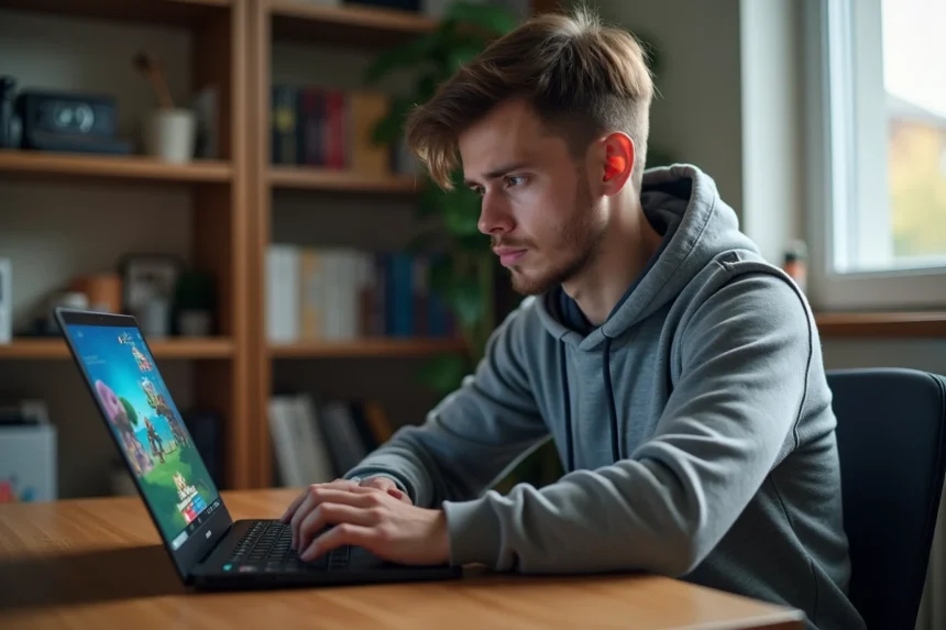 Jeune homme sceptique devant un écran affichant une interface de jeu de cartes Pokémon avec des alertes de sécurité en 2026