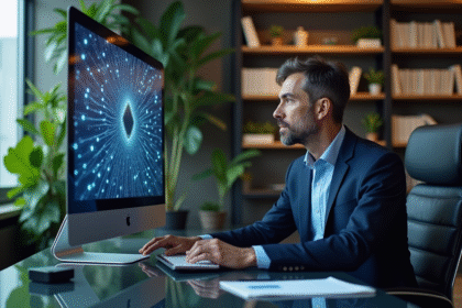 Homme en costume bleu étudiant un diagramme blockchain