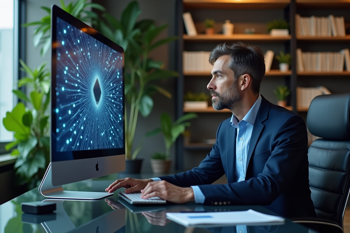 Homme en costume bleu étudiant un diagramme blockchain