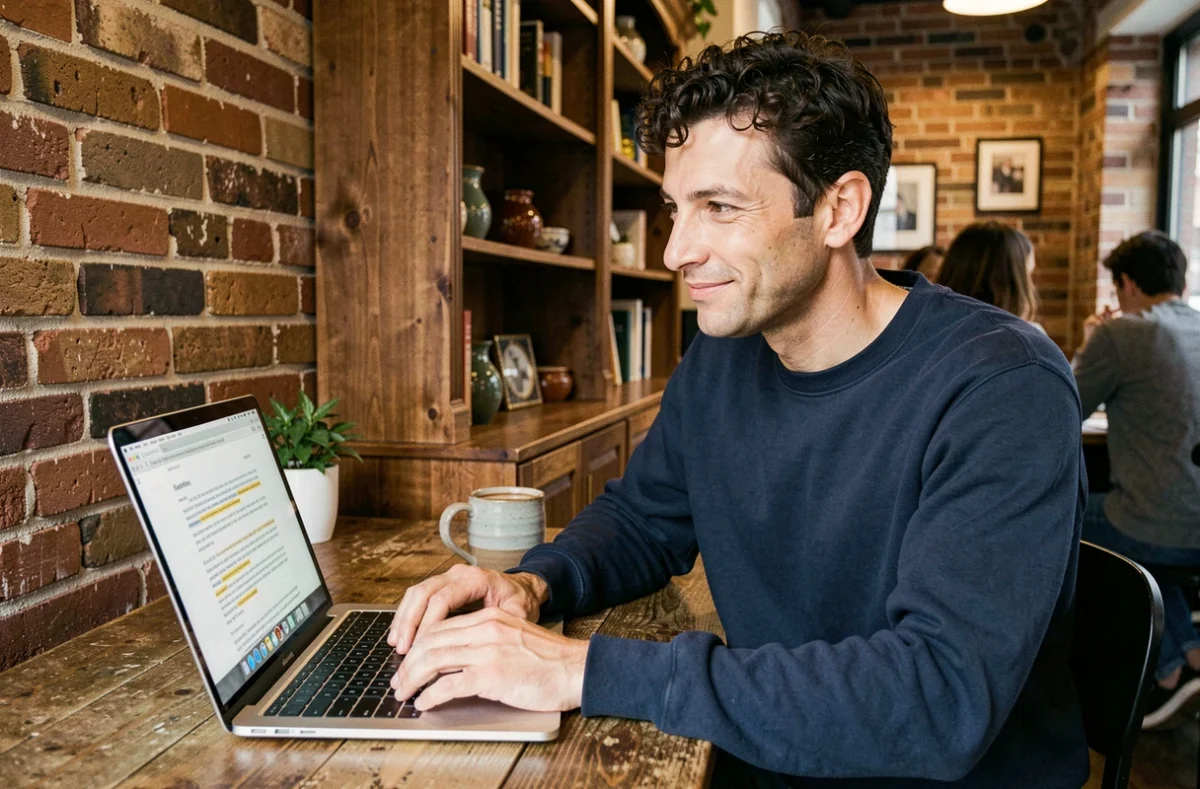 Homme souriant travaillant sur un synonyme de mantra depuis un ordinateur portable dans un café avec murs en briques