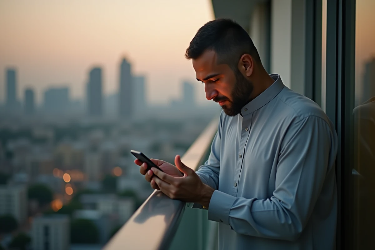 Homme en thobe lisant un message SMS de voeux de Ramadan sur son balcon avec vue urbaine au crépuscule