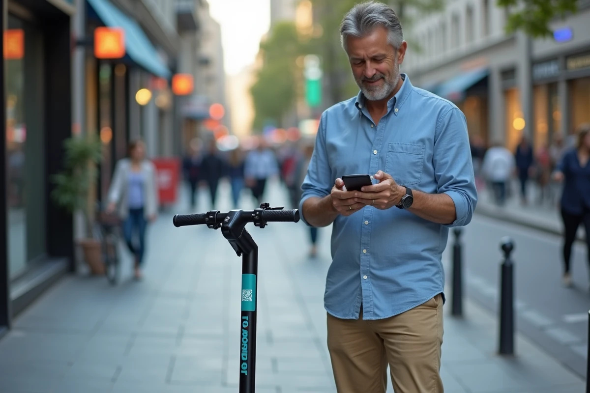 Homme urbain scannant un QR code sur une trottinette Tarbob