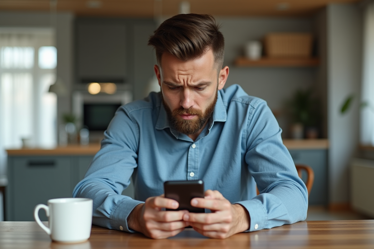Homme inquiet regardant son smartphone dans un intérieur moderne