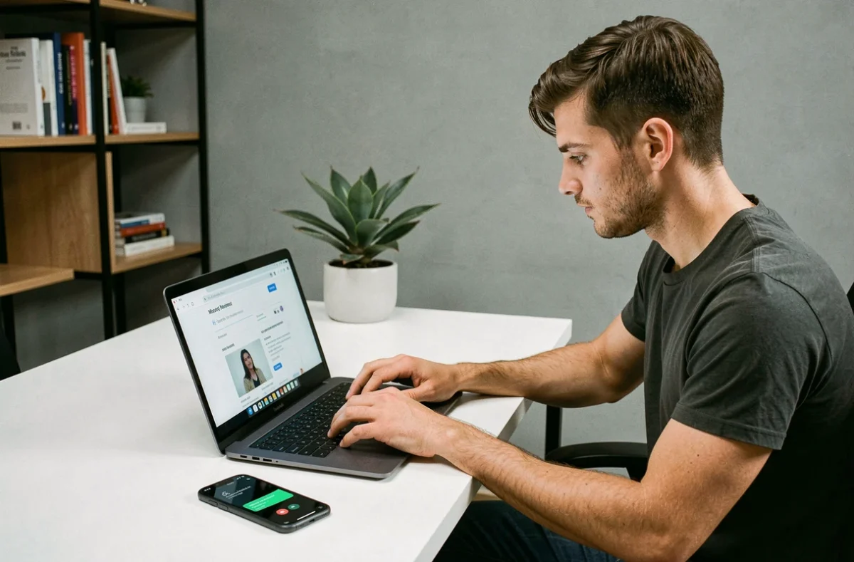 Homme vérifiant un numéro de téléphone suspect sur ordinateur portable dans un bureau moderne