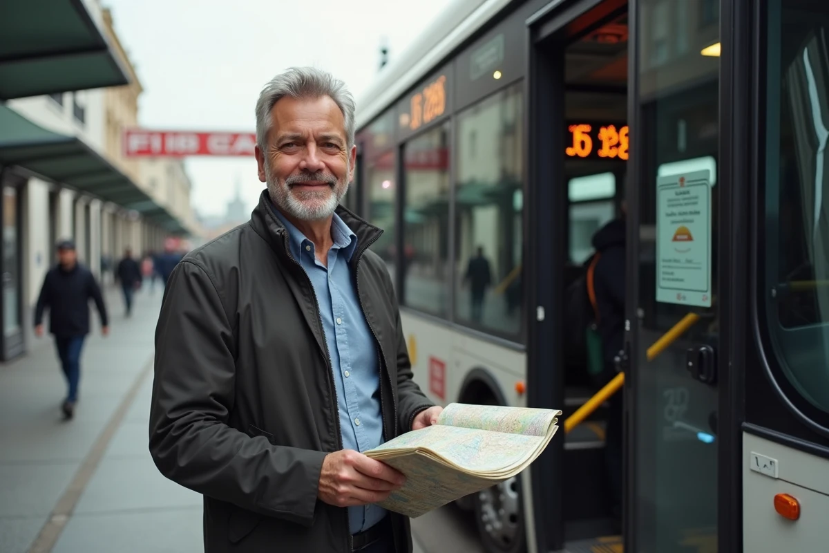 Homme d'âge moyen avec carte de ville devant un arrêt Rungis