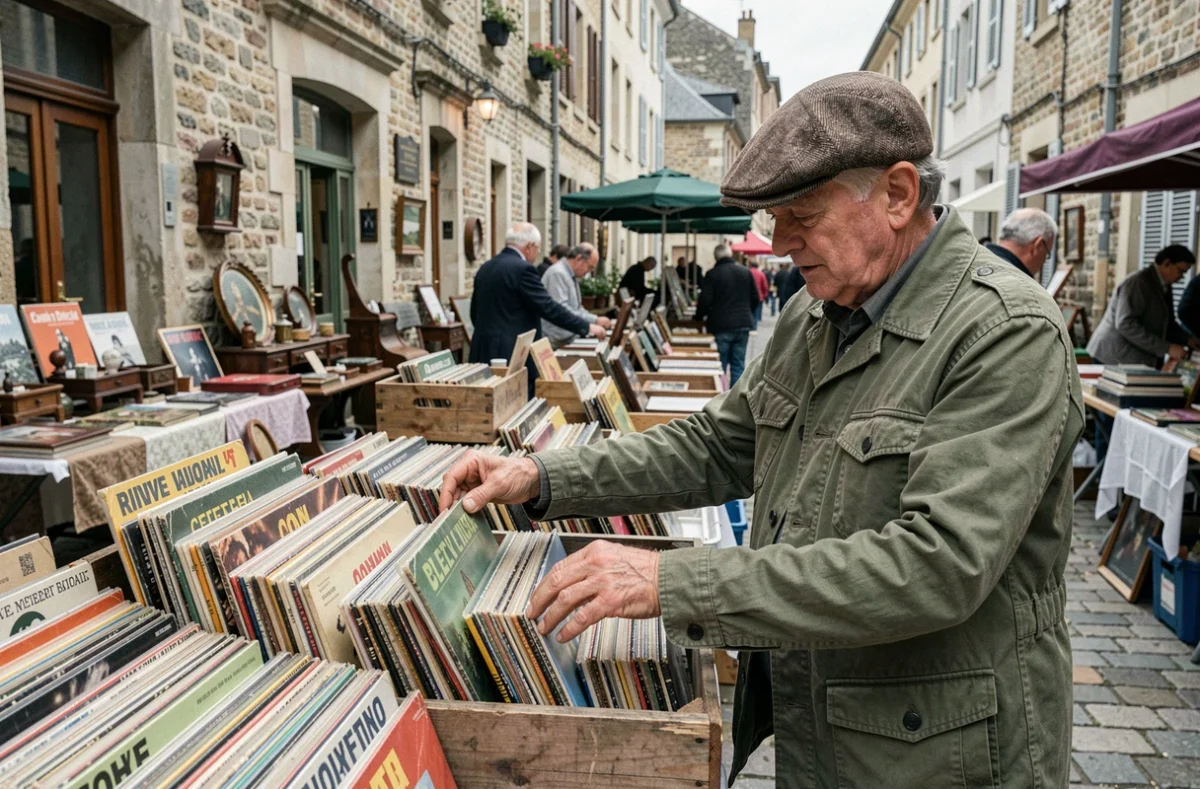 Homme fouillant des disques vinyles anciens dans une brocante de rue lors d'une braderie de week-end en village