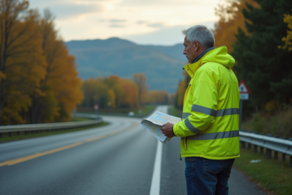 Homme en veste jaune observant la route rurale
