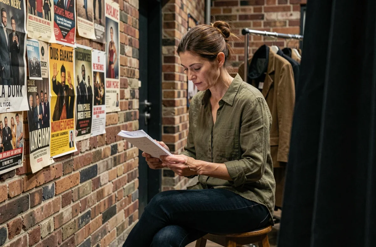 Humoriste française en coulisses d'un théâtre révisant ses notes avant de monter sur scène