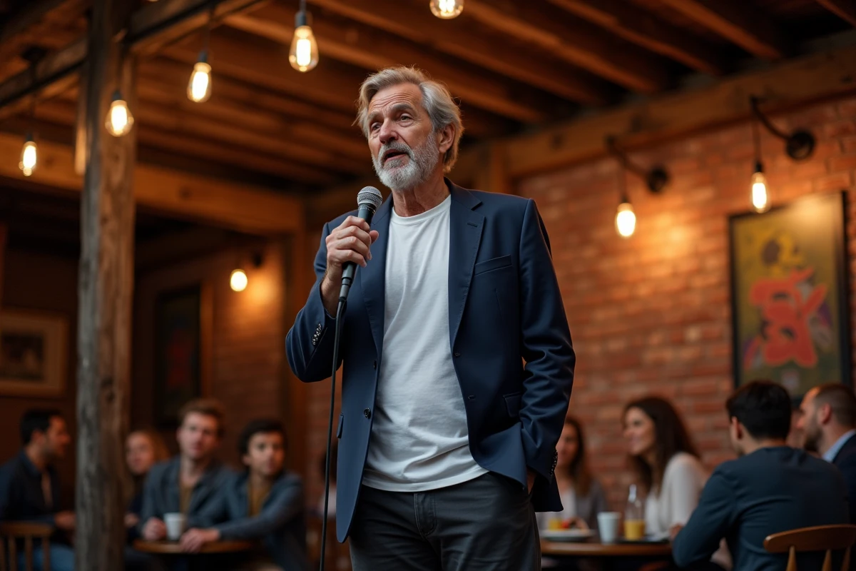 Comédien en scène lors d'une soirée open-mic dans un bar, illustrant l'humour absurde et le stand-up en 2026