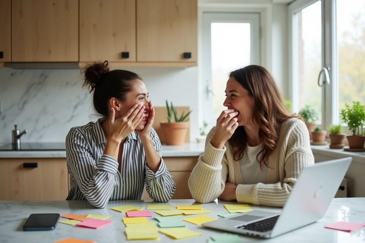 Deux femmes qui rient ensemble autour d'une table de cuisine en échangeant des blagues et du contenu humoristique absurde