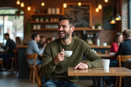 Homme en train de rire aux éclats dans un café urbain, illustrant l'humour et les jeux de mots qui font rire en 2026