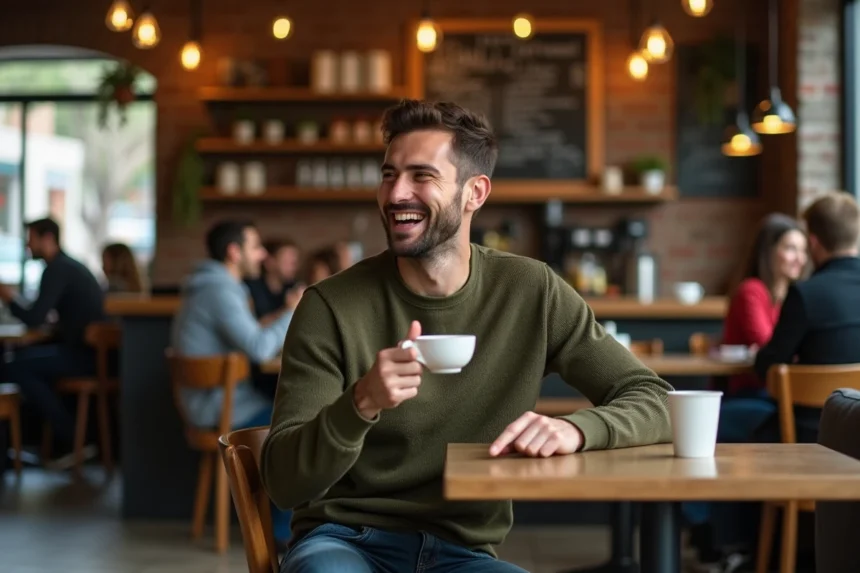 Homme en train de rire aux éclats dans un café urbain, illustrant l'humour et les jeux de mots qui font rire en 2026
