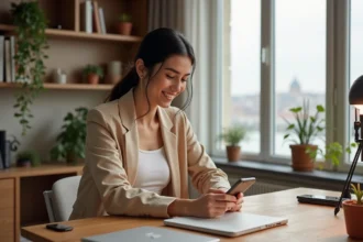 Influenceuse turque travaillant sur son contenu réseaux sociaux depuis son appartement moderne à Istanbul