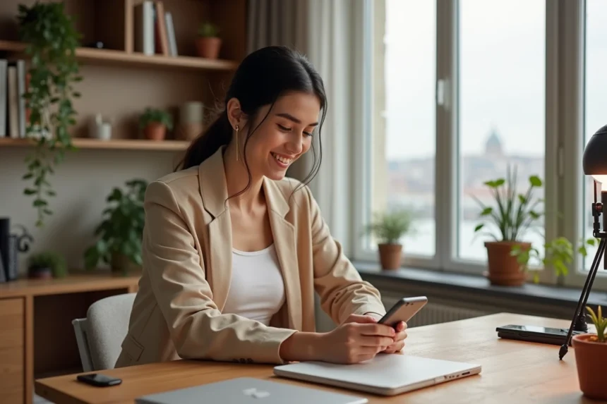 Influenceuse turque travaillant sur son contenu réseaux sociaux depuis son appartement moderne à Istanbul