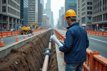 Ingénieur civil sur un chantier urbain avec tuyaux enterrés