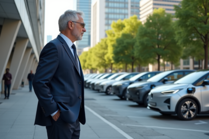Ingénieur homme en costume observant voitures électriques