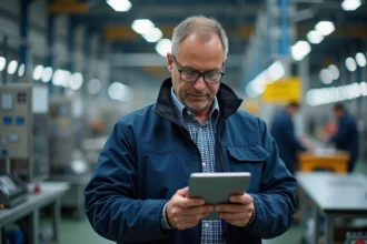 Ingénieur français avec tablette dans une usine moderne