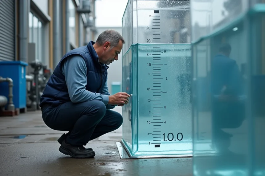 Ingénieur mesurant un cube d'eau d'un mètre cube dans une installation de traitement municipal
