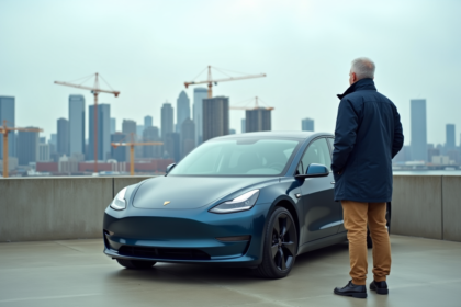 Ingénieur auto devant une voiture électrique en ville