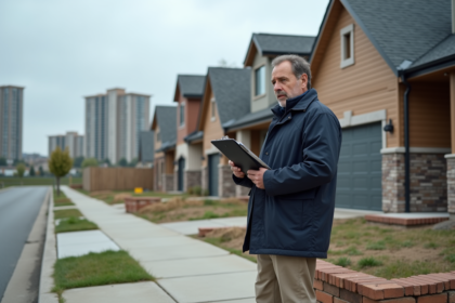 Inspecteur municipal examine maisons neuves dans un quartier